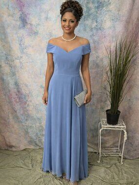 📌Bella Bridesmaid Larkspur Blue Off the Shoulder Lux Chiffon Formal Dress